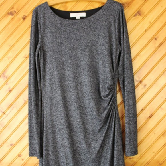Loft Knit Asymmetrical Cinch Dress Dark Grey Gray Small Long Sleeve Midi D73 - Picture 8 of 10